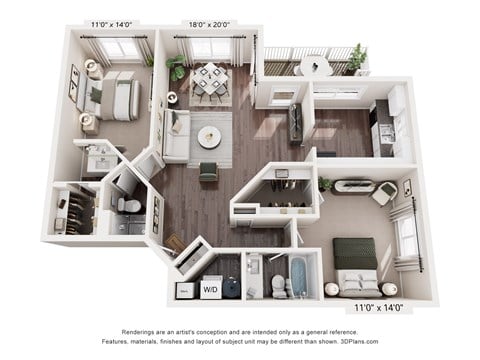 Floor plan for 2 beds, 2 baths, 1115 sqft